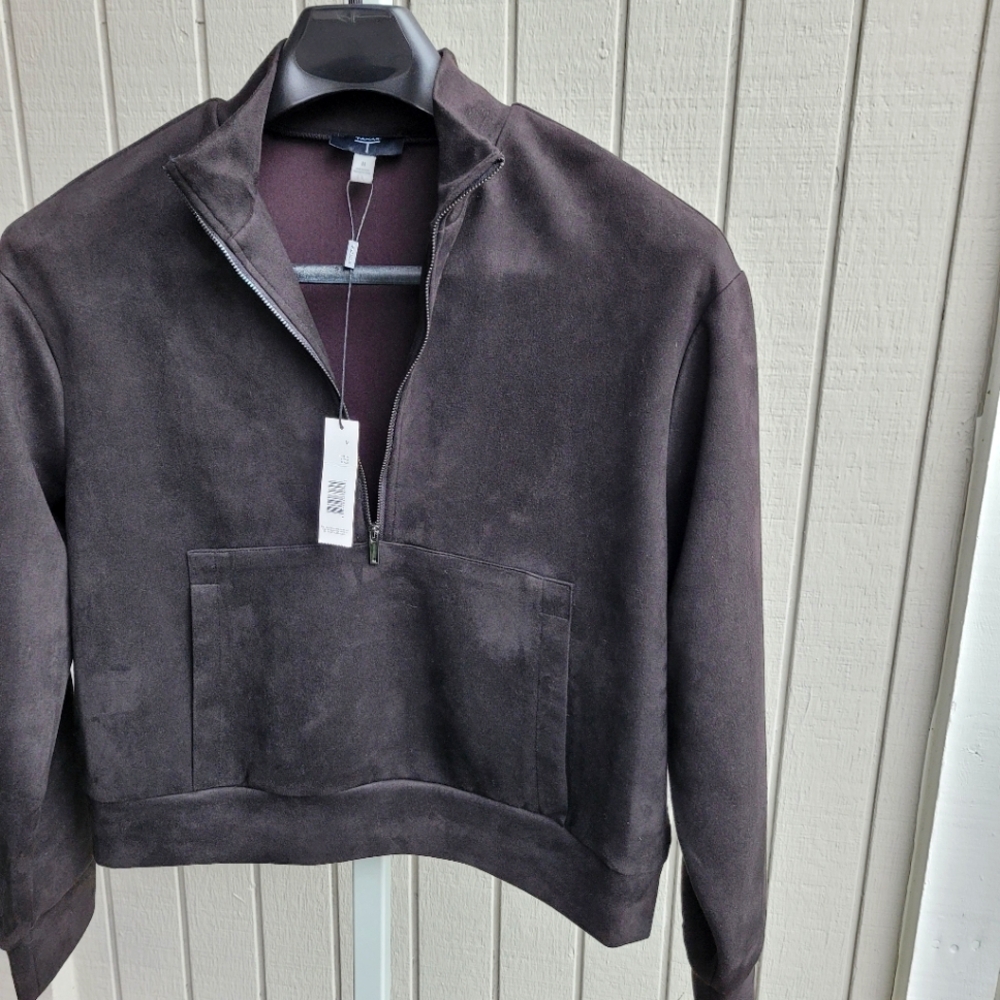 Black Faux Suede Half Zip Pullover Jacket Sweatshirt NEW Front Pocket Tahari - Picture 10 of 11